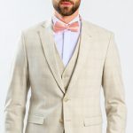 Béžový károvaný svadobný Slim Fit oblek s vestou