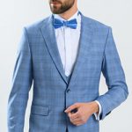 Bledomodrý károvaný svadobný Slim Fit oblek s vestou